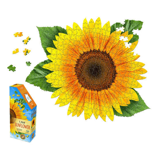I AM SUNFLOWER 350-piece jigsaw puzzle showing assembled sunflower with yellow and orange petals, brown center, green leaves, plus loose puzzle pieces and blue