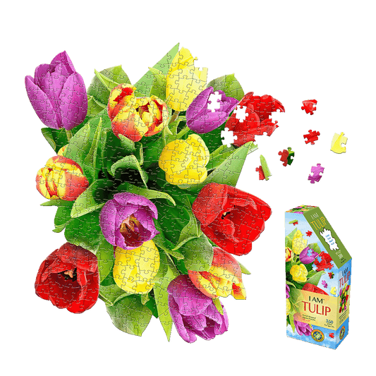 Madd Capp I AM Tulip 350-piece jigsaw puzzle showing colorful tulip-shaped puzzle pieces assembled into a bouquet of red, pink, yellow, and purple flowers with