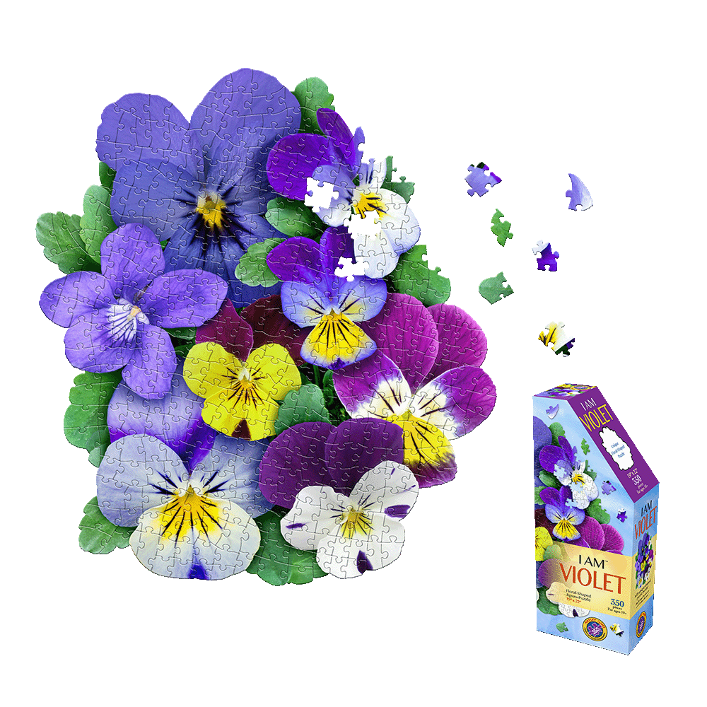 Madd Capp I AM Violet Floral Jigsaw Puzzle with 350 pieces showing colorful pansy-shaped puzzle pieces assembled into a bouquet of purple, blue, yellow, magenta