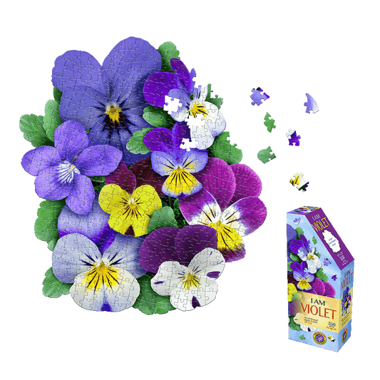 Madd Capp I AM Violet Floral Jigsaw Puzzle with 350 pieces showing colorful pansy-shaped puzzle pieces assembled into a bouquet of purple, blue, yellow, magenta