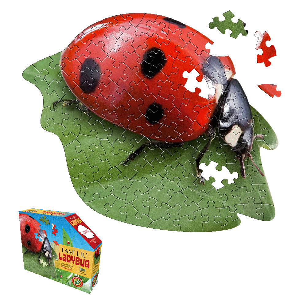 I AM Lil' Ladybug 100-piece jigsaw puzzle showing completed ladybug on green leaf with loose puzzle pieces nearby and product box