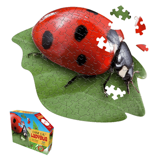 I AM Lil' Ladybug 100-piece jigsaw puzzle showing completed ladybug on green leaf with loose puzzle pieces nearby and product box