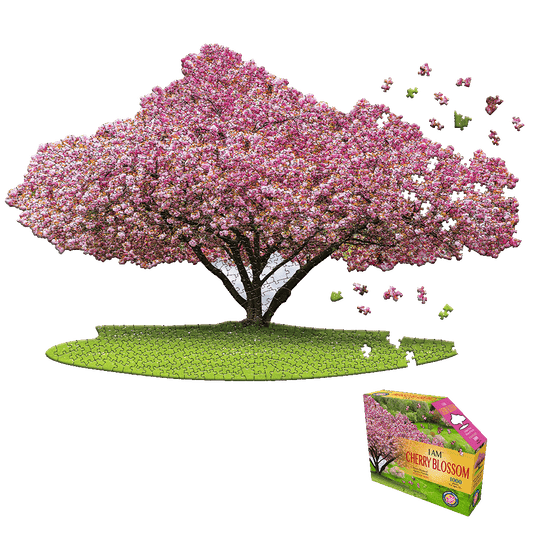 Cherry blossom tree-shaped jigsaw puzzle box and completed puzzle image showing pink flowering tree with green grass base and falling blossoms