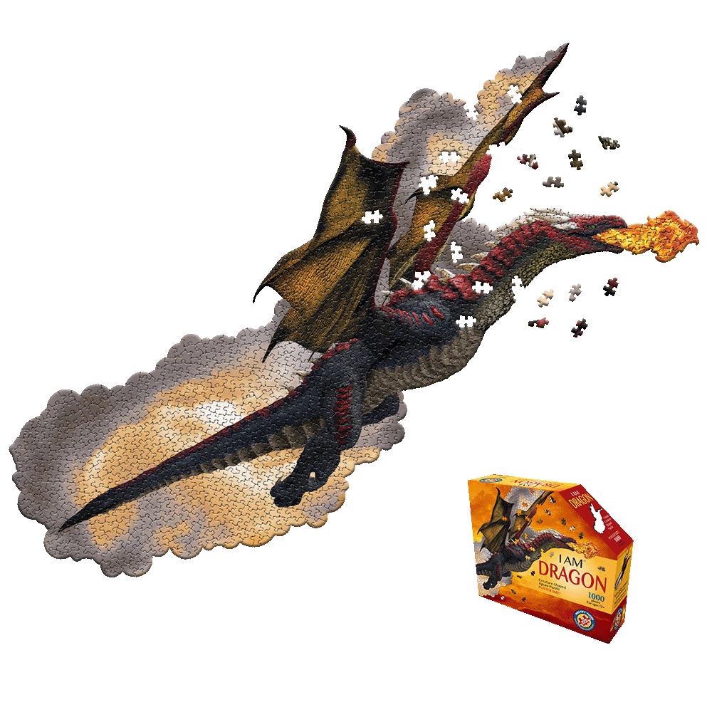 Dragon-shaped jigsaw puzzle with gold, gray, red, and black pieces partially assembled, showing scattered puzzle pieces, displayed next to I AM DRAGON box packa