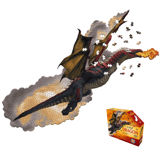 Dragon-shaped jigsaw puzzle with gold, gray, red, and black pieces partially assembled, showing scattered puzzle pieces, displayed next to I AM DRAGON box packa