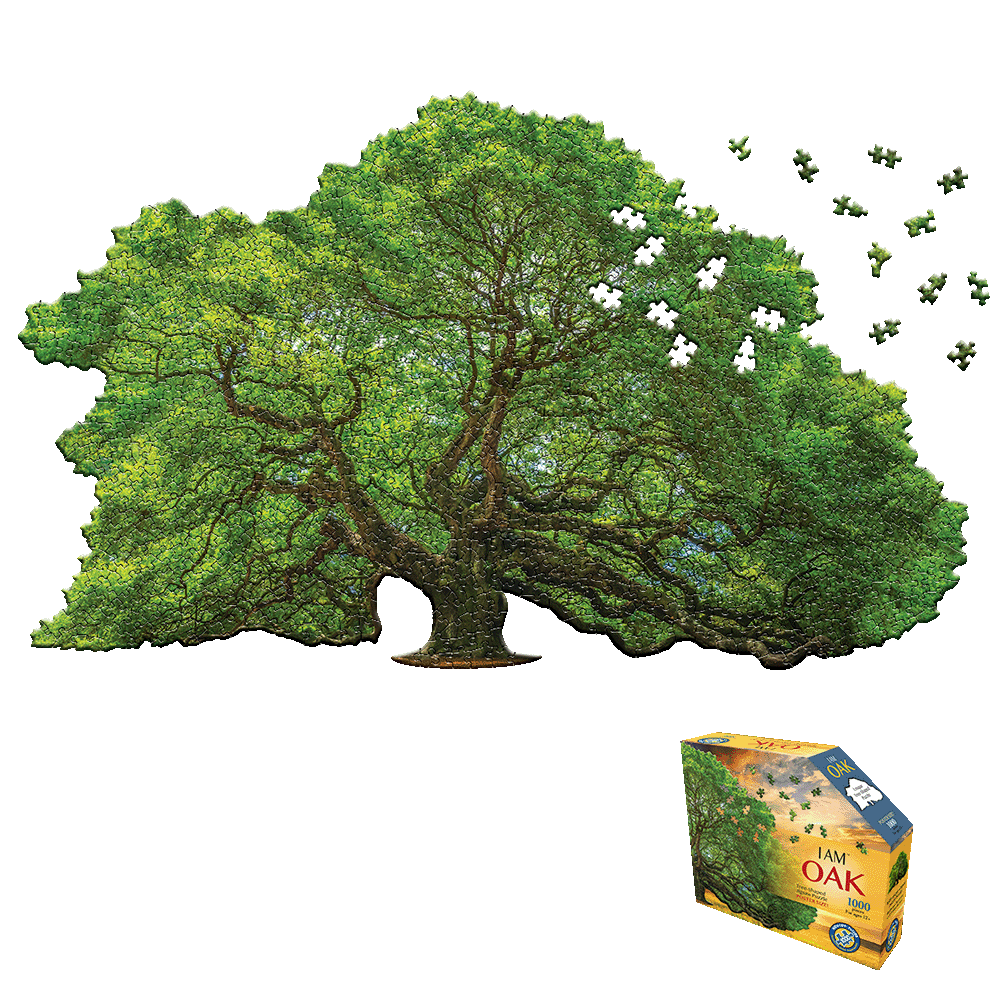 Madd Capp I AM OAK Tree-Shaped Jigsaw Puzzle with 1000 pieces shown assembled as a full green oak tree with scattered puzzle pieces floating away, and product b