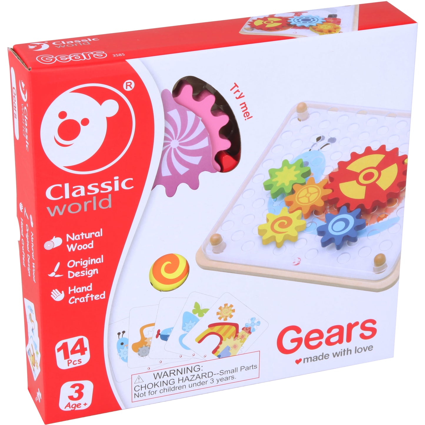 Classic World wooden gear puzzle with colorful interlocking gears in yellow, red, blue, and green on white board with wooden pegs, shown in packaging