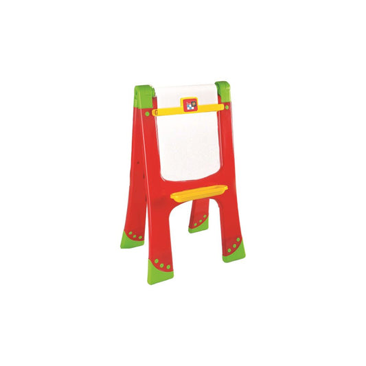 Red and green double-sided art easel with yellow accents, white dry-erase board, and chalkboard surface on plain background