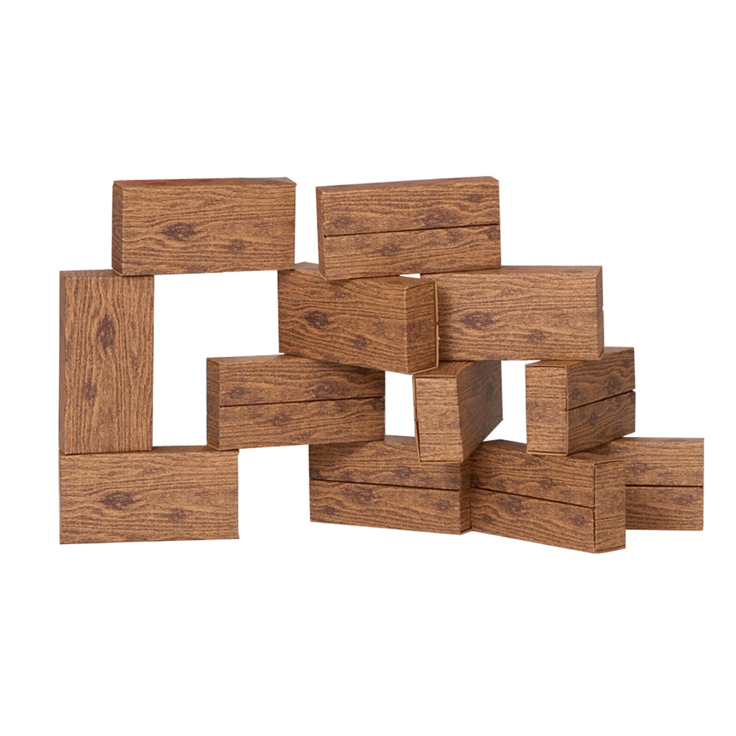 Wooden building blocks stacked in an abstract structure, showing natural wood grain texture in tan and brown tones