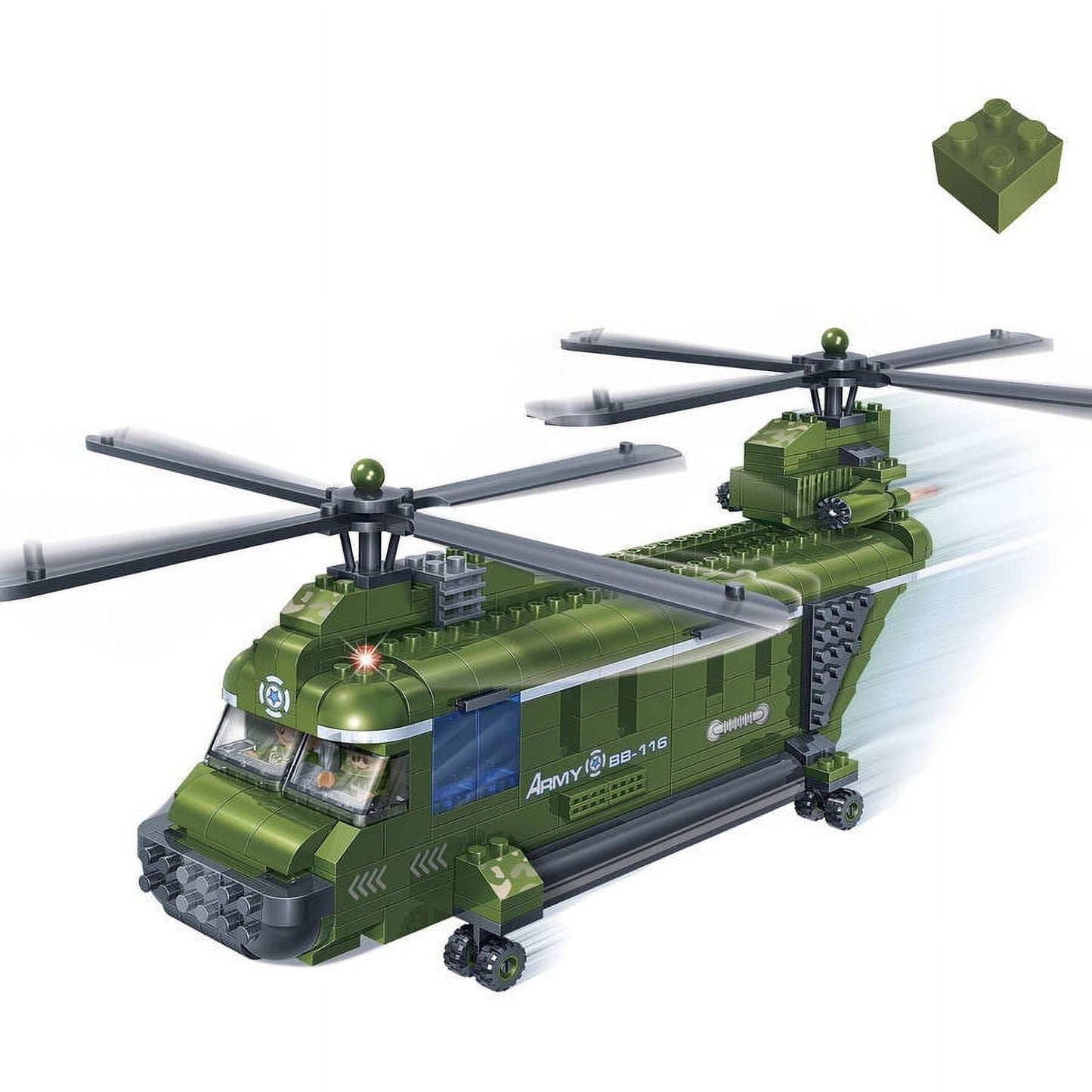 Green military Chinook helicopter building set with dual rotors, featuring two connected helicopters and a green brick piece shown separately