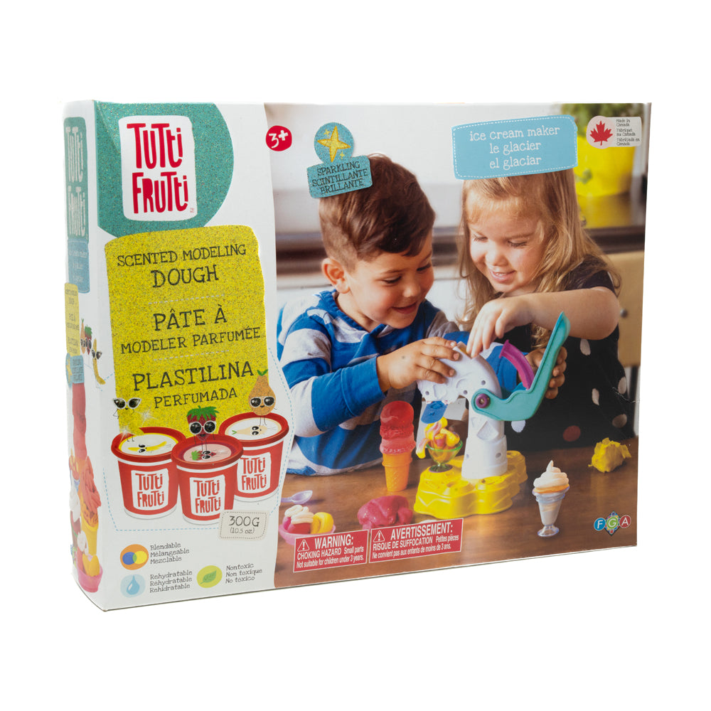 Tutti Frutti scented modeling dough ice cream maker playset with two children on model using the machine to create colorful dough ice creams, includes multiple