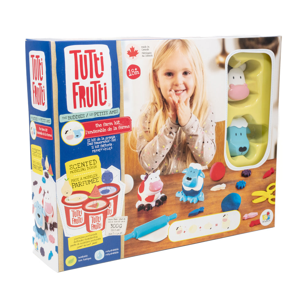 Tutti Frutti Farm-Themed Scented Modeling Dough Kit box featuring a child on model playing with colorful farm animal figurines and dough accessories