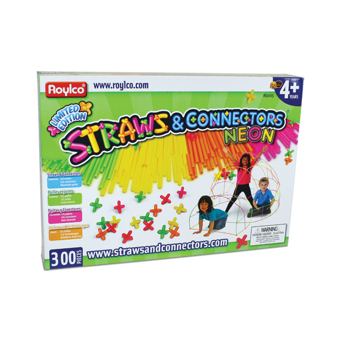 Roylco Straws & Connectors Neon 300-piece building set box showing colorful straws and connector pieces with children on model playing with the construction toy