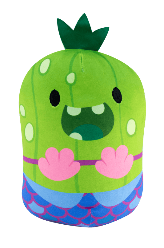 Cats vs Pickles Jumbo Fish Sticks plush toy, lime green with dark green crown, smiling face, pink paw details, and blue scale-patterned bottom