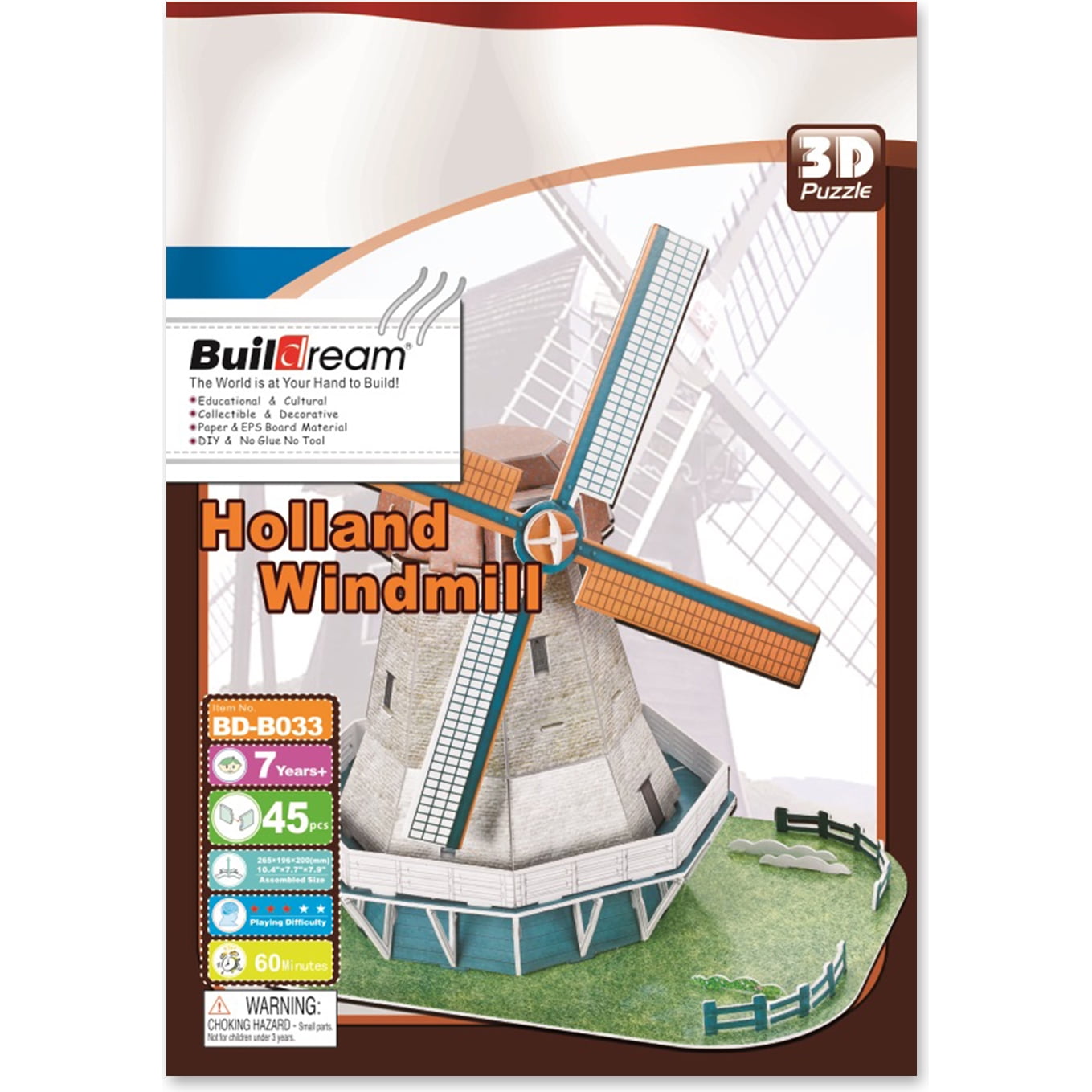Buildream 3D Puzzle Holland Windmill 45-piece building set box showing assembled model with stone windmill, rotating blades, green base, and fence