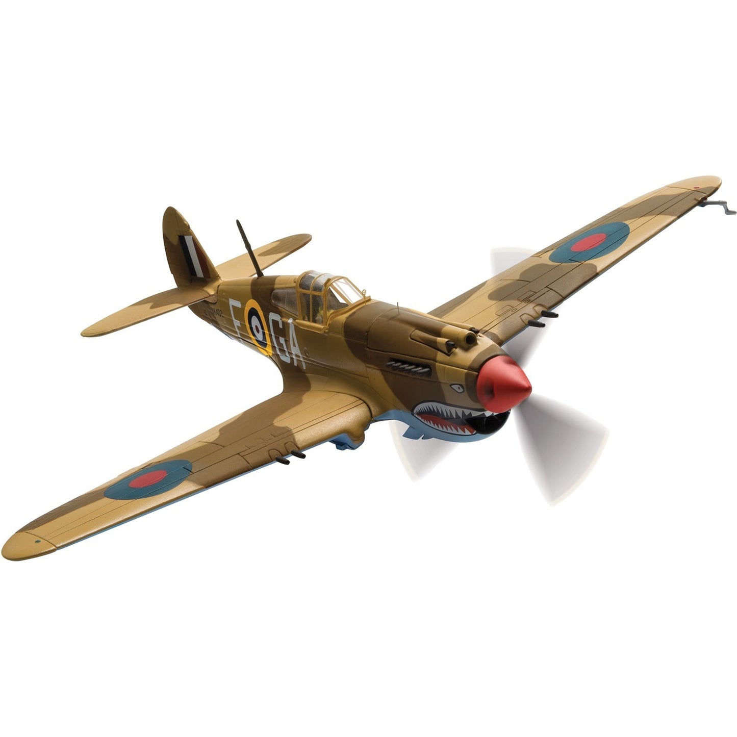 Corgi 1:72 scale diecast Curtiss Tomahawk Mk.IIB fighter aircraft with tan fuselage, red propeller, RAF roundels, and shark mouth nose art on plain background