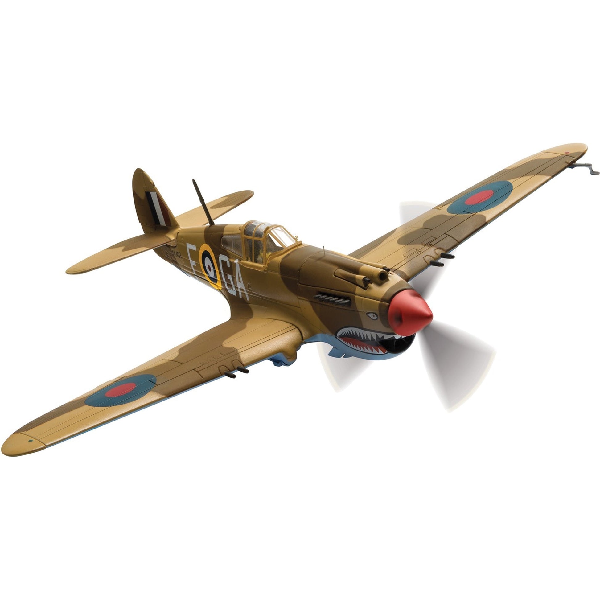 Corgi 1:72 scale diecast Curtiss Tomahawk Mk.IIB fighter aircraft with tan fuselage, red propeller, RAF roundels, and shark mouth nose art on plain background