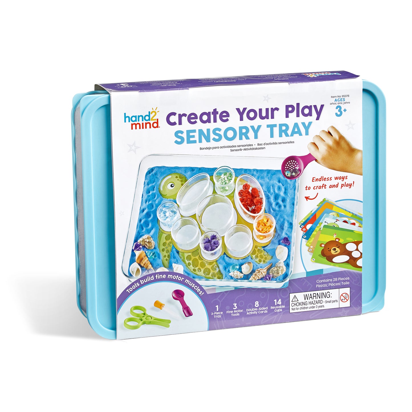 Hand2Mind Create Your Play Sensory Tray with light blue carrying case, clear containers, colored activity cards, and fine motor tools for ages 3+