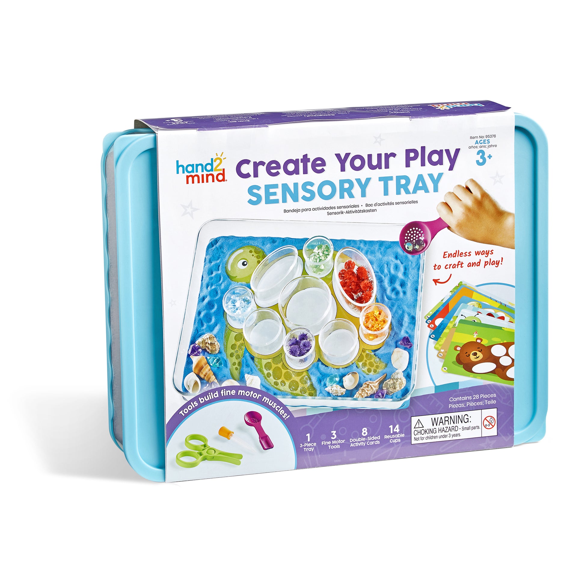 Hand2Mind Create Your Play Sensory Tray with light blue carrying case, clear containers, colored activity cards, and fine motor tools for ages 3+