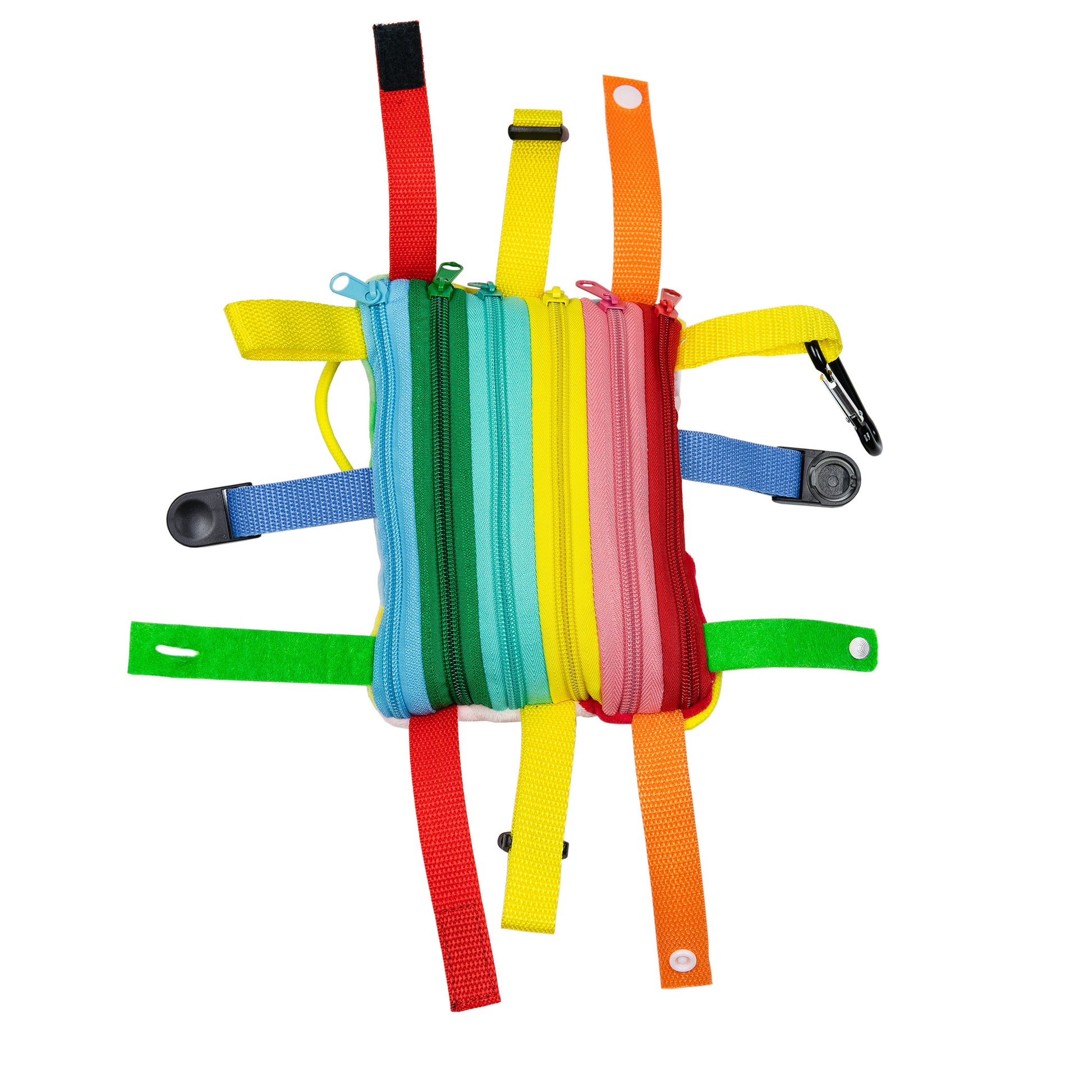 Colorful sensory pillow with multiple zippered pouches in blue, green, yellow, pink, and red, surrounded by rainbow fabric straps with clips and velcro attachme