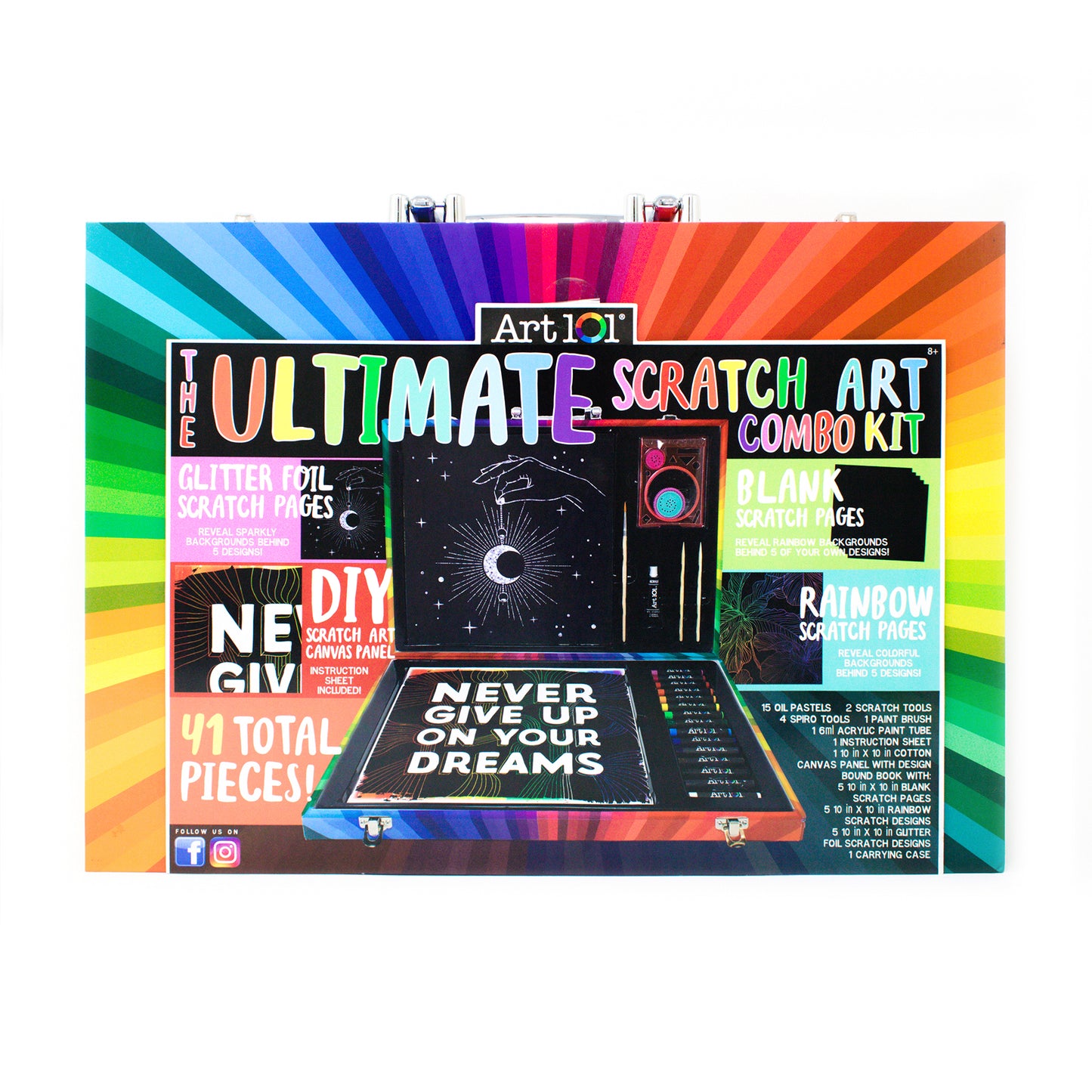 Art 101 Ultimate Scratch Art Combo Kit box displayed open showing colorful rainbow striped packaging, scratch art pages, canvas panels, tools, and supplies; inc