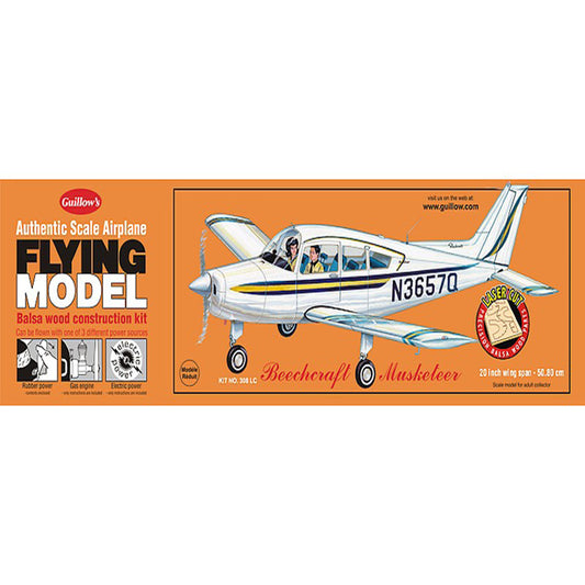 Guillow's Authentic Scale Airplane Flying Model box showing white and blue Beechcraft Musketeer with registration N3657Q, balsa wood construction kit with rubbe