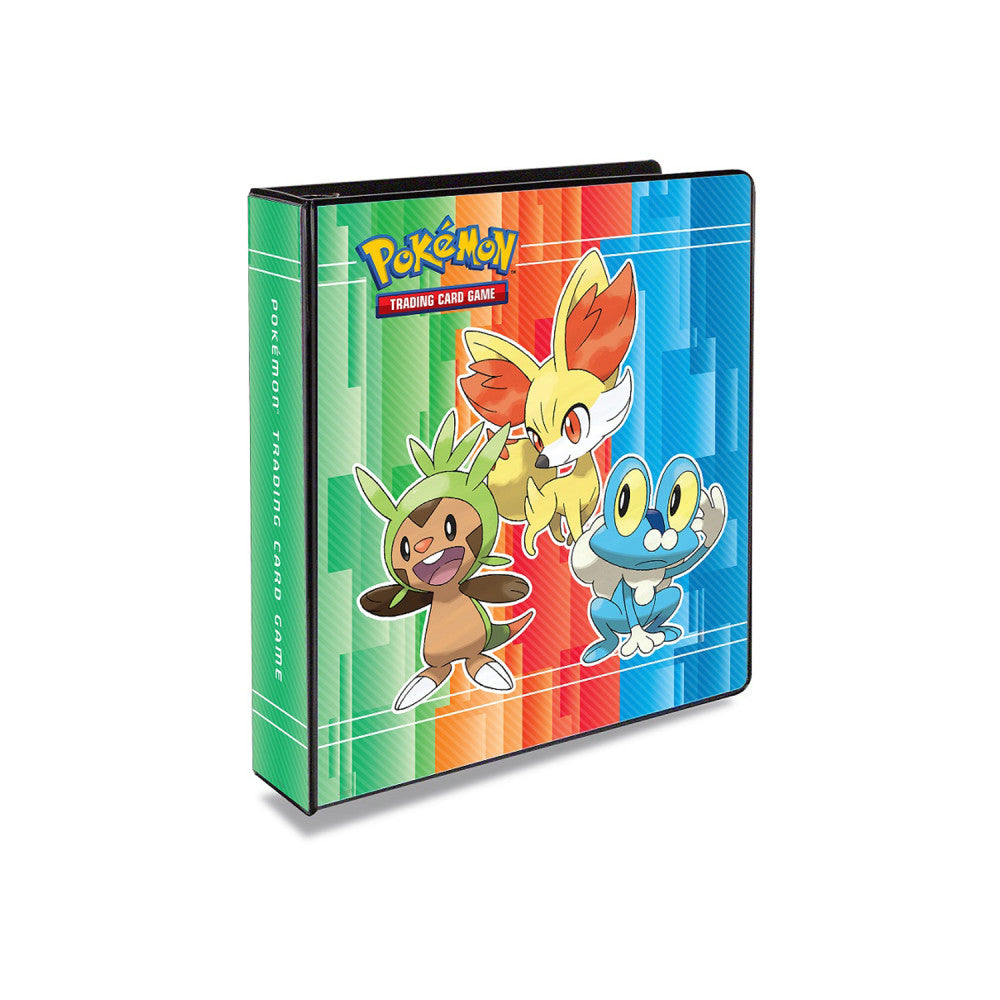 Pokemon Trading Card Game 2-inch 3-ring binder with colorful green, orange, and blue gradient design featuring Chespin, Fennekin, and Froakie characters