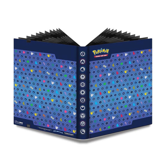 Pokémon Trading Card Game binder with blue cover featuring colorful Pokémon silhouettes and type symbols, opened to show black card pages inside