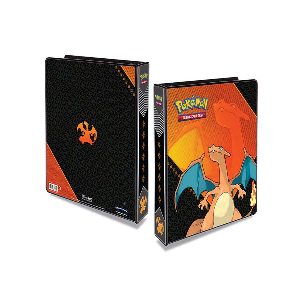 Pokemon Trading Card Game Charizard 3-ring binder with black and orange design, shown front and back views