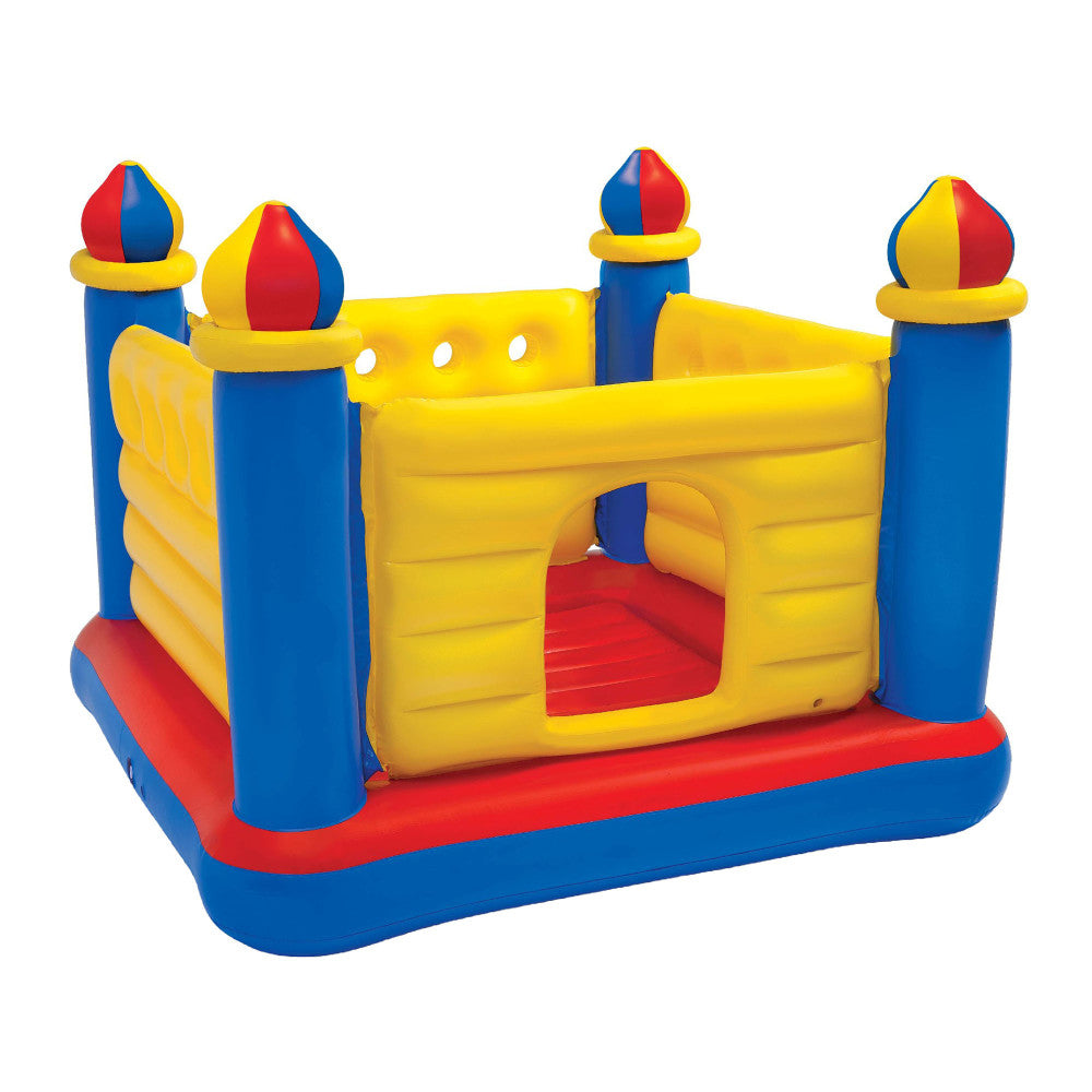 Colorful inflatable bounce house with blue columns topped with red and yellow striped balls, yellow walls, red base, and crawl-thru entrance door