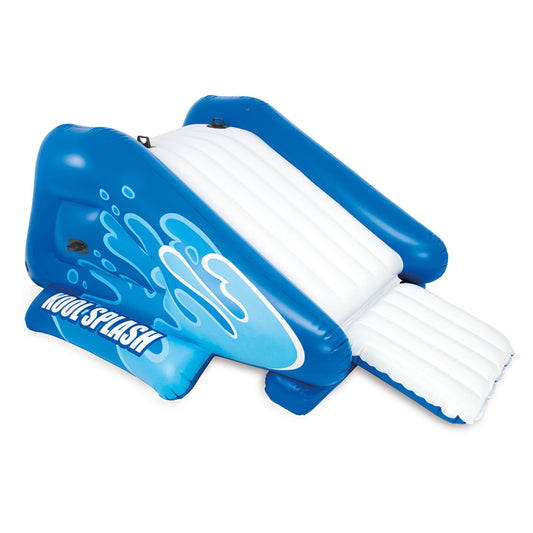 Blue inflatable water slide with white sliding surface and wave design, featuring climbing structure and splash landing area
