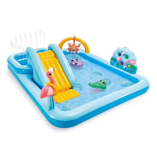 Inflatable water play center with blue and yellow slide, dual pools, water fountain, and colorful animal float toys including flamingo, fish, and frog