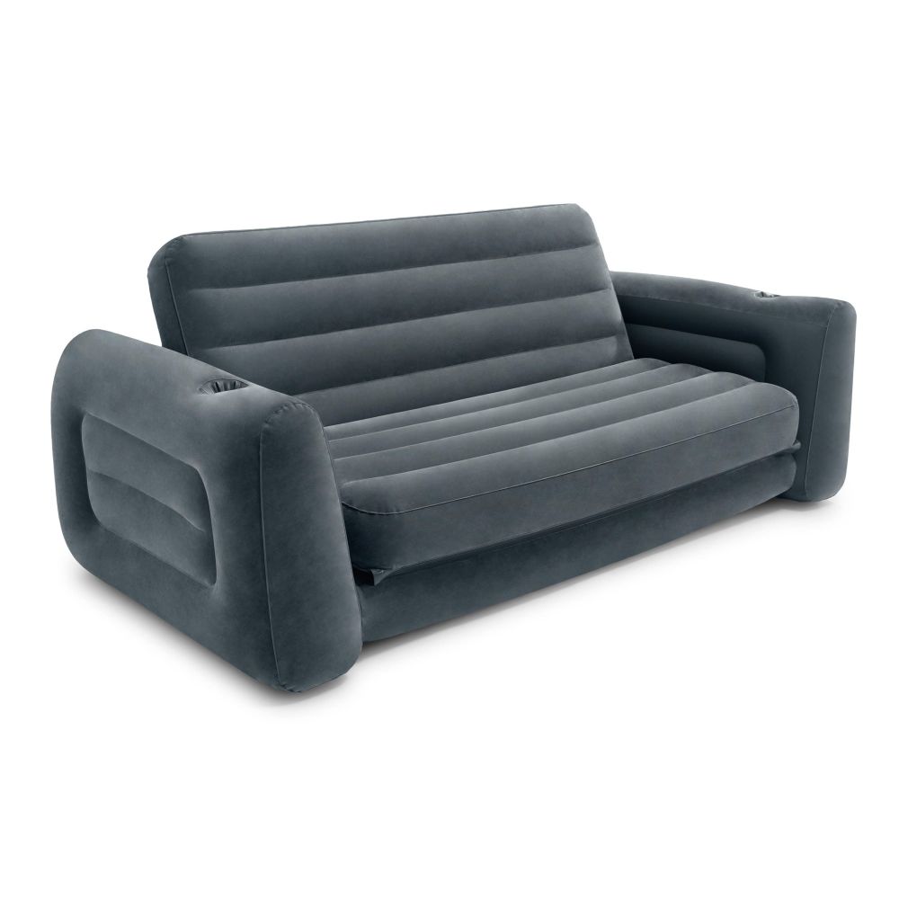 Grey inflatable pull-out sofa bed with ribbed cushioning and padded armrests on plain background