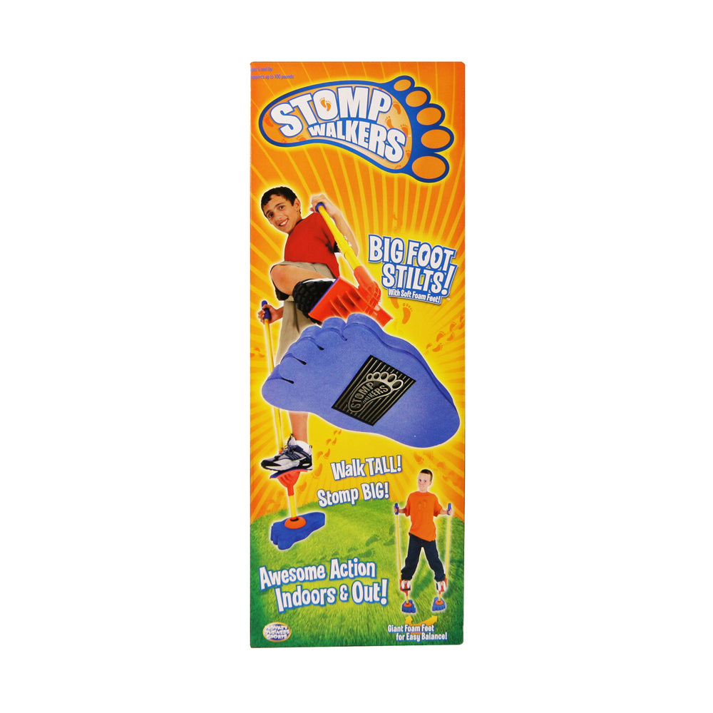 Stomp Walkers product packaging showing child on model wearing red shirt using blue foam foot stilts for balance activity, with product name and "Big Foot Stilt