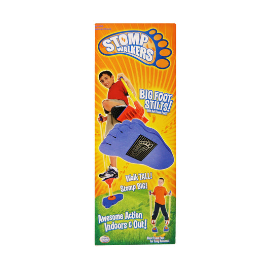 Stomp Walkers product packaging showing child on model wearing red shirt using blue foam foot stilts for balance activity, with product name and "Big Foot Stilt