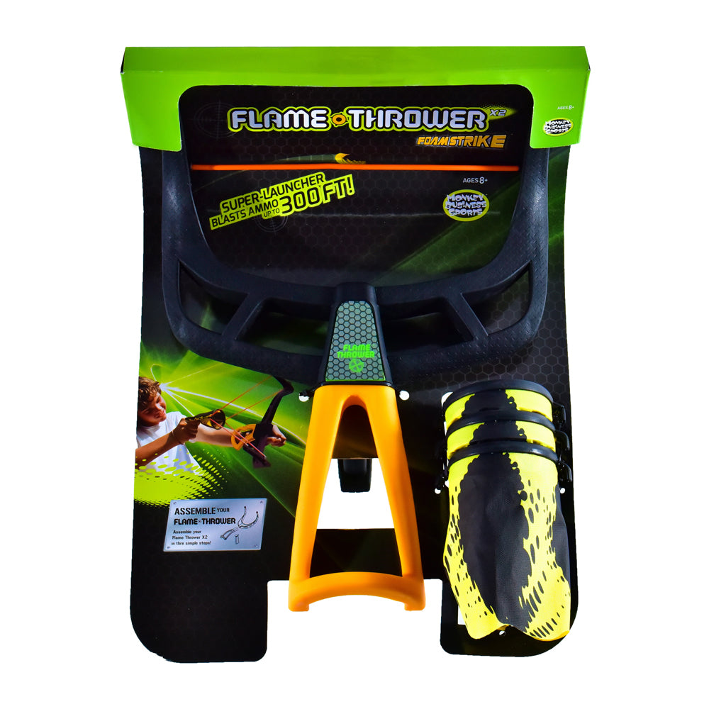 Flame Thrower X2 Turbine Blaster foam dart launcher with orange frame, black grip, and yellow foam ammunition visible on packaging