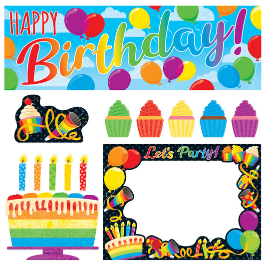 TREND Rainbow Birthday Learning Set featuring colorful balloon, cupcake, and cake designs with reusable dry-erase decorations and "Happy Birthday" and "Let's Pa
