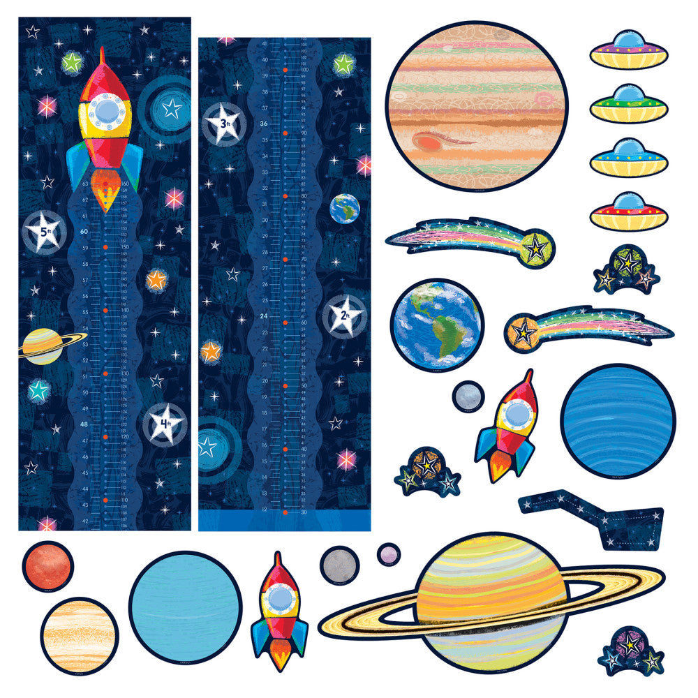 Space-themed growth chart set with rocket and planets on dark blue background, includes separate cutout pieces of planets, UFOs, rocket, and stars for assembly