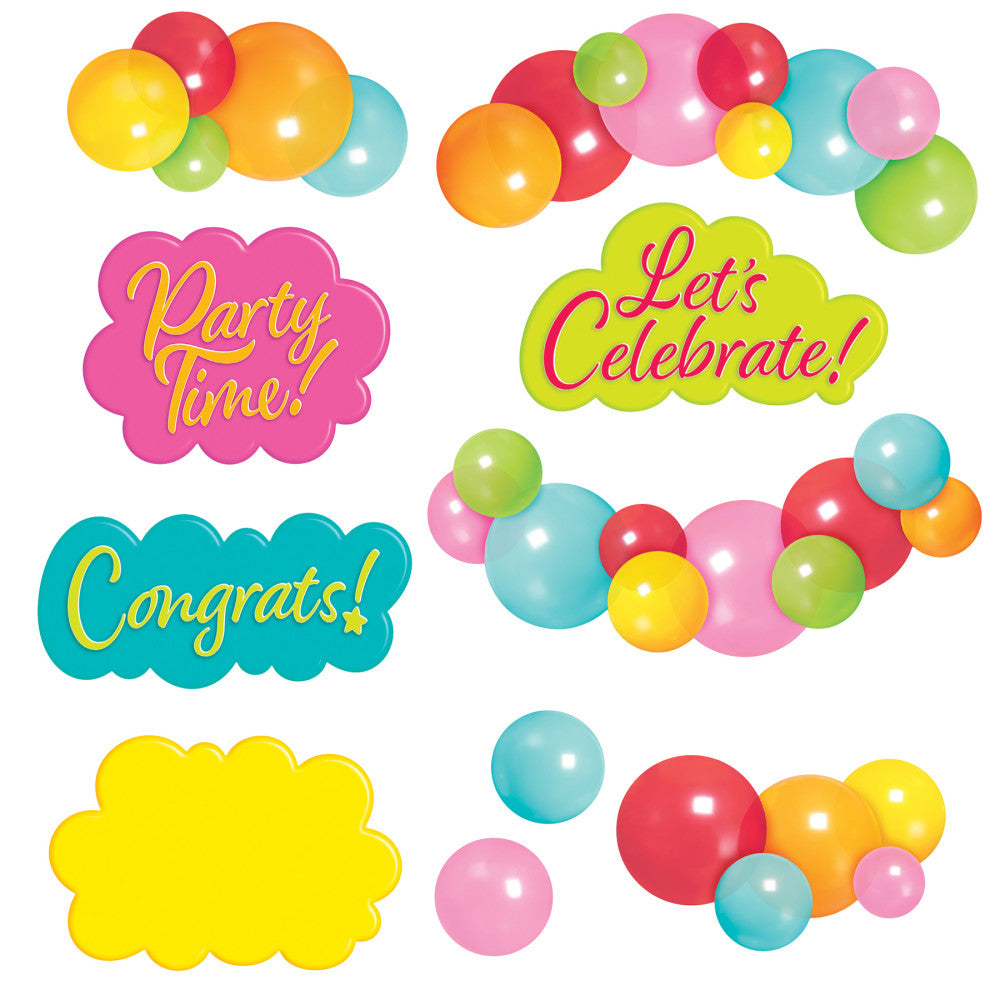 Colorful balloons and party-themed cloud shapes with text reading 'Party Time!', 'Let's Celebrate!', and 'Congrats!' on white background