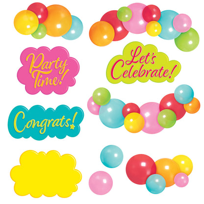 Colorful balloons and party-themed cloud shapes with text reading 'Party Time!', 'Let's Celebrate!', and 'Congrats!' on white background