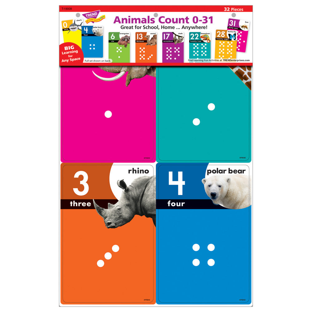 Animals Count 0-31 educational card set showing colorful counting cards with numbers 0-31, animal photos including rhino and polar bear, and dot patterns for le