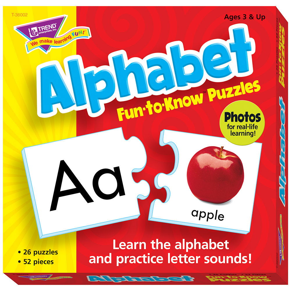 Alphabet Fun-to-Know Puzzles box showing letter Aa and red apple puzzle pieces with "Learn the alphabet and practice letter sounds" text, ages 3 and up