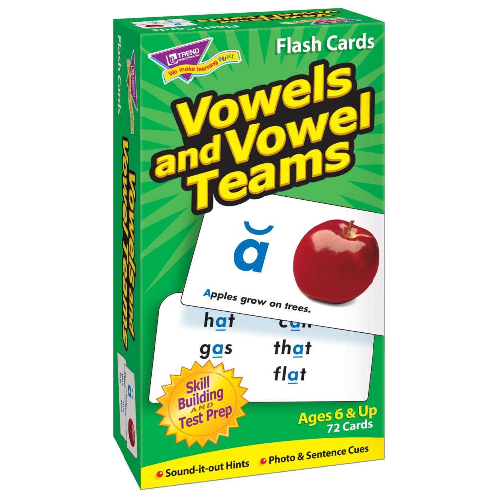 Vowels and Vowel Teams Flash Cards box showing sample cards with vowel letter 'a', red apple photo, and words like 'hat', 'gas', 'that', 'flat' for ages 6 and u