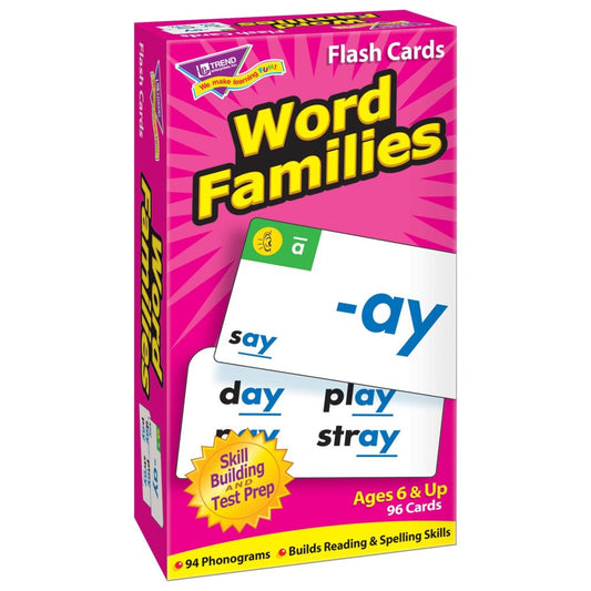 Word Families Flash Cards box showing sample cards with word families like -ay (say, day, play, stray). Bright pink box, 96 cards, ages 6 and up.