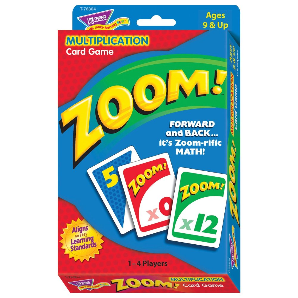Zoom! Multiplication Card Game package showing game cards with numbers and multiplication problems, for ages 9 and up, 1-4 players