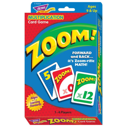 Zoom! Multiplication Card Game package showing game cards with numbers and multiplication problems, for ages 9 and up, 1-4 players