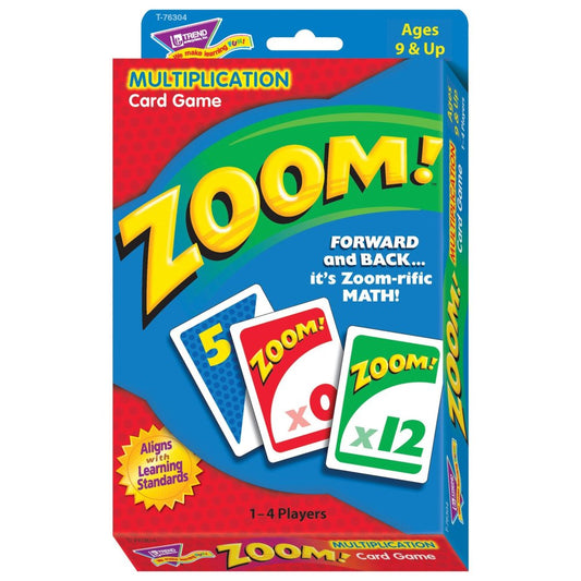 Zoom! Multiplication Card Game package showing game cards with numbers and multiplication problems, for ages 9 and up, 1-4 players