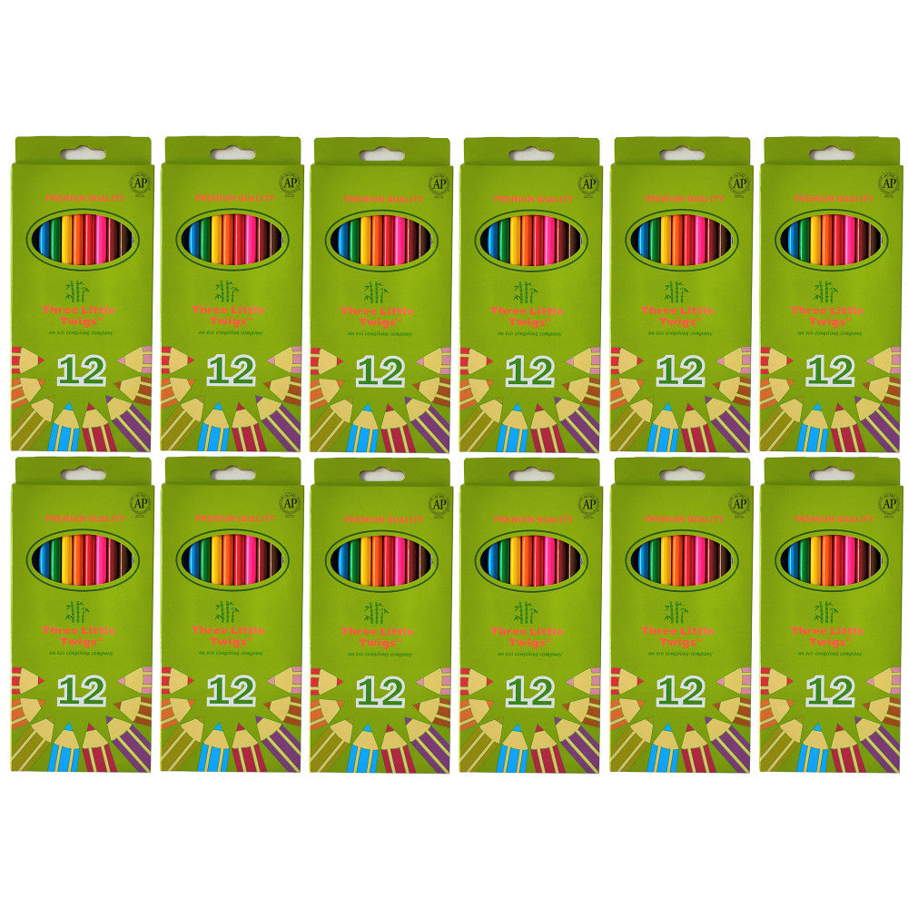 12 packages of Three Little Twigs Premium Colored Pencils displayed in a grid, each lime green package containing 12 colored pencils shown in the window display
