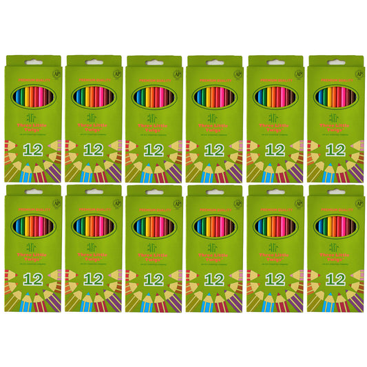 12 packages of Three Little Twigs Premium Colored Pencils displayed in a grid, each lime green package containing 12 colored pencils shown in the window display