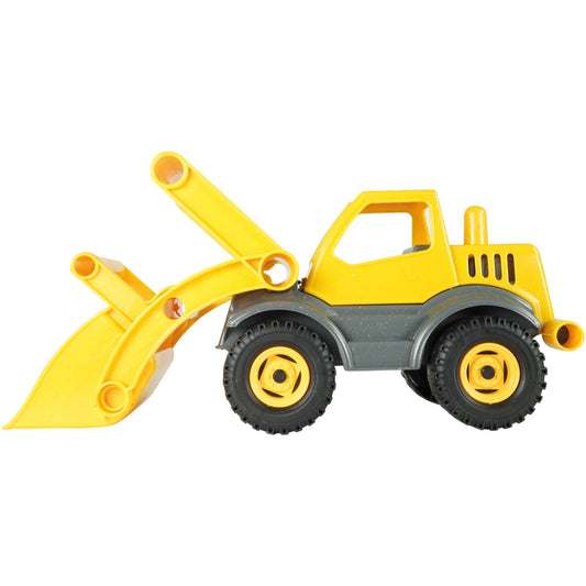 Yellow front loader toy truck with articulated arm and black tires on plain white background